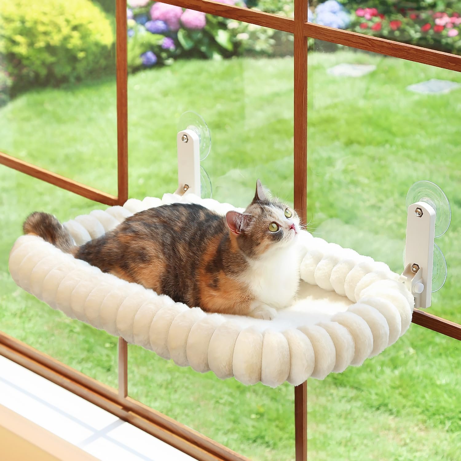 Zakkart SnugCloud Foldable Cat Window Perch – Cordless, Ultra Soft Machine Washable Bed with 4-Sided Bolster, Metal Frame – Window Hammock for Large Cats and Kittens (Cream White, Large)