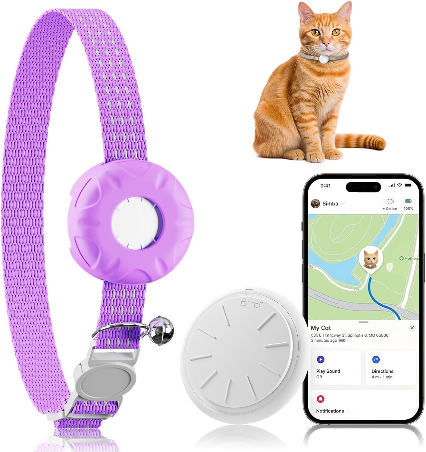 GPS Tracker, Bluetooth Mini GPS Dog Tracker, Cat Tracker Including Cat Collars, No Monthly Fee GPS Trackers, Work with Find My APP (Only iOS), Pet Trackers for Cats, Pets, Items etc, Purple