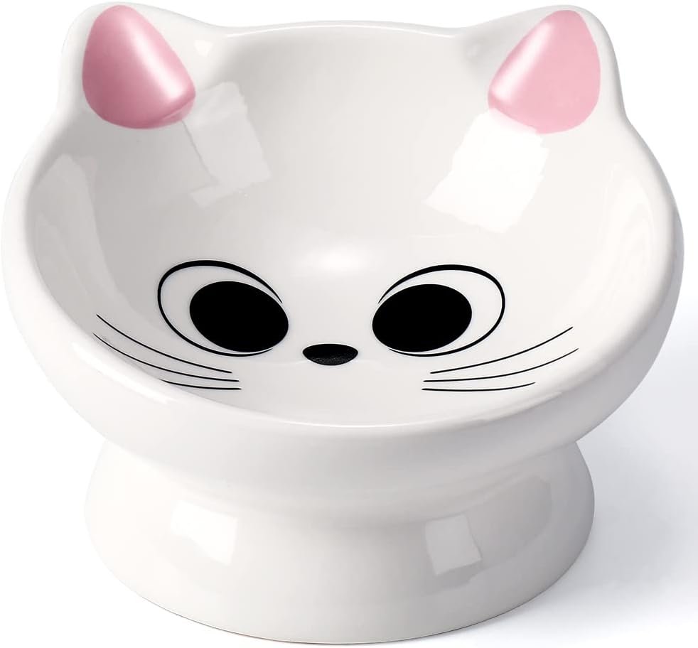 Raised Cat Food Bowl Ceramic 15° Tilted Cat Food Bowls Protect Cat’s Spine Anti Vomiting Backflow Prevention Bowls for Adult Kitty, Kitten, and Small Dogs, Pink