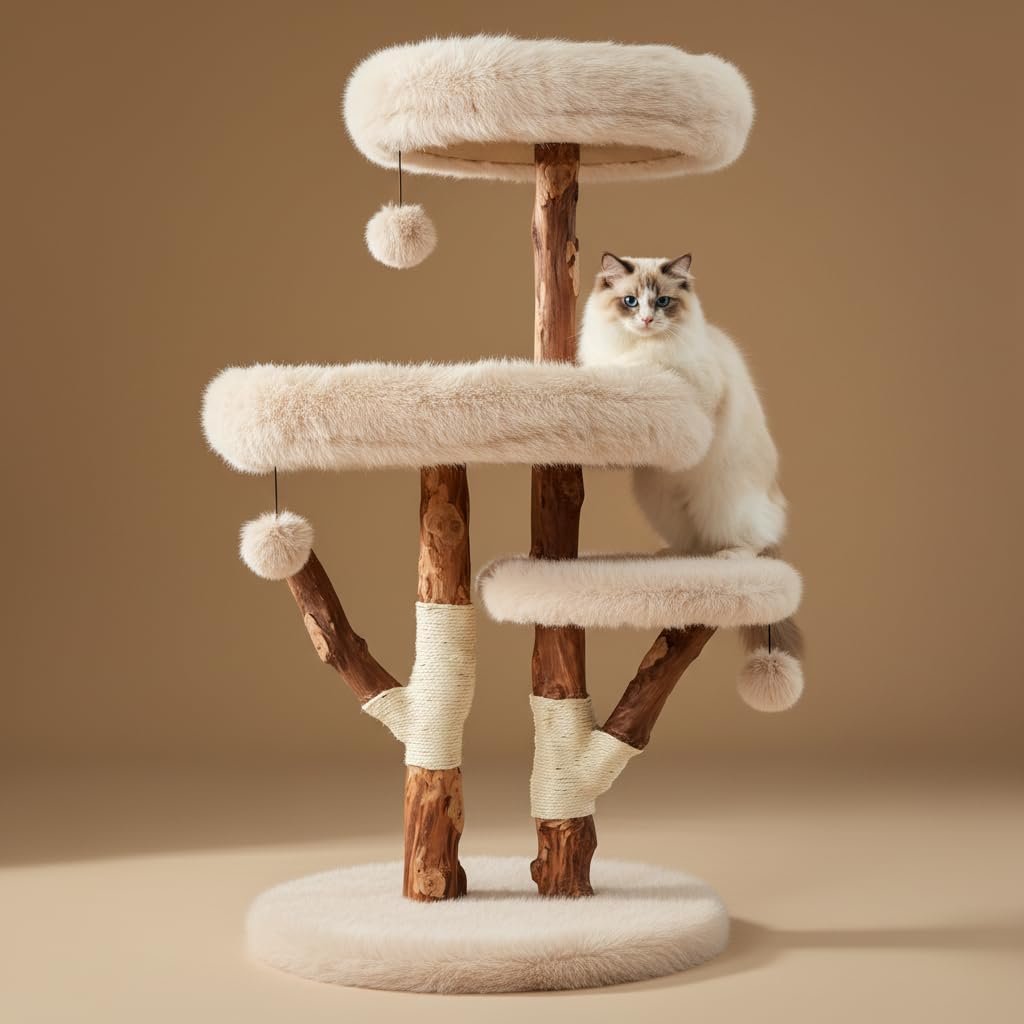Erinnyees 44″ Natural Wood Cat Tree for Large Cats, 45LBS Heavy Duty Stable Cat Tower with Natural Branches, Modern Rustic Cat Furniture with 3-Tier Cloud-Soft Plush Platforms & Sisal Scratching Posts