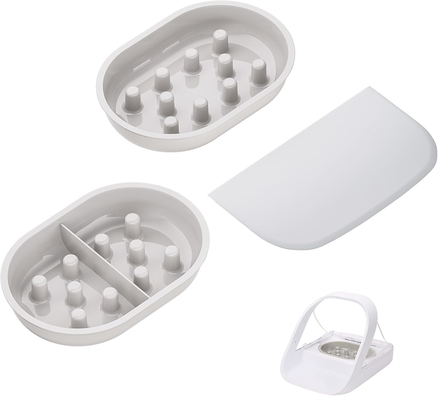 Slow Feeder Bowl & Mat Set for Automatic Microchip Pet Feeder, 2-Pack Puzzle Bowls (Single & Split) with Non-Slip Mat, Easy to Clean, Promotes Healthy Digestion, Encourages Slow Eating