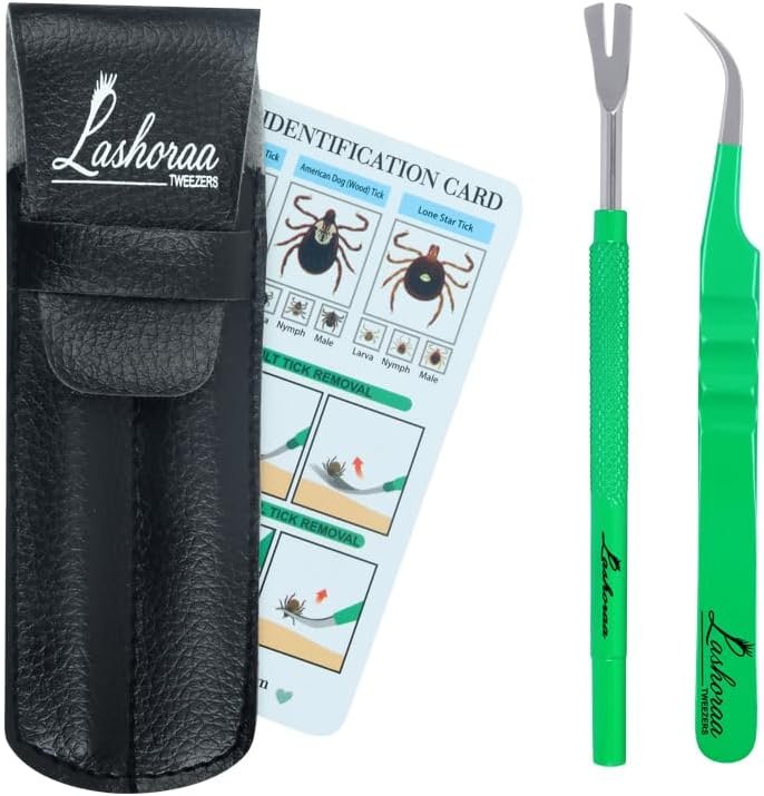 LASHORAA Tick Removal Tool Kit – Stainless Steel Tweezer & Tick Remover for Humans, Dogs, Cats & Other Pets- Dog Tick Remover Tools with Leather Case & Tick Identification Chart- Flea+Tick Removal Kit