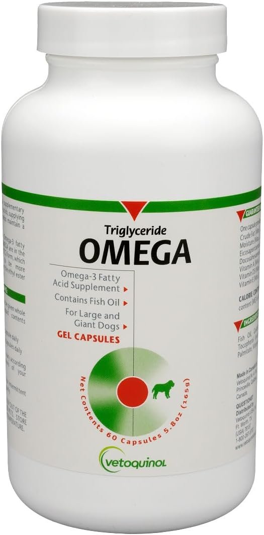 Vetoquinol Triglyceride Omega – Fish Oil for Dogs & Cats – Supports Healthy Skin, Coat & Normal Immune Response – Supplement with Vitamin Blend for Heart, Eye, Bone & Muscle Support – 60 Capsules