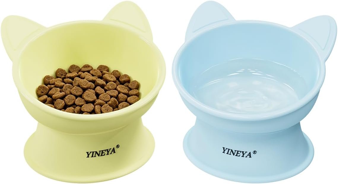 YINEYA Elevated Cat Bowls 2 Pcs, Cat Food Bowl to Protect Neck & Anti-Vomit, Whisker-Friendly Raised Food and Water Bowls Set for Indoor Cats/Small Dogs, Cute Pet Feeding Bowl 6 OZ Each, Yellow & Blue