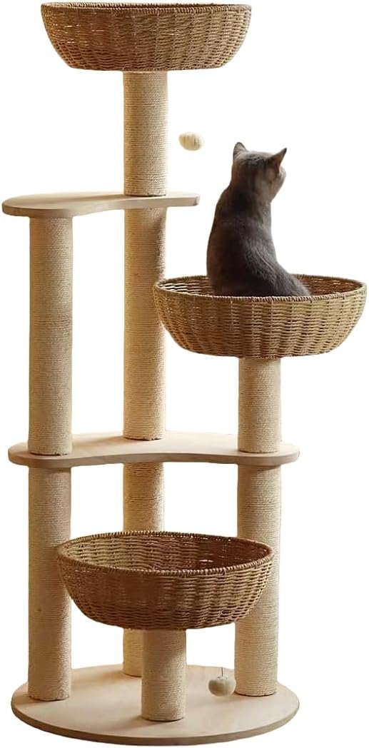 54″ Modern Cat Tree for Large Cats, Wood Luxury Multi-Level Oak Solid Wood Cat Trees Cat Towers with 3 Rattan Weaving Cat Nests & Washable Cushions, Sisal Scratching Posts, for Indoor Cats-Lacquered