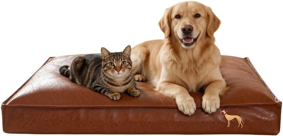 SOMAHE Orthopedic Dog Bed for Medium Large Dogs, Leather Waterproof Chew-Resistant Wipeable, 4″ Dual-Layer Support, Non-Slip, Removable Washable Cover, 35.4″×27.6″×4″ Brown