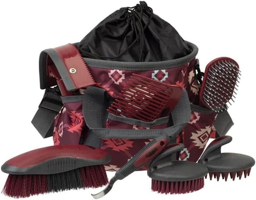 Weaver Equine Horse Grooming Kit, 7-Piece Horse Brush Set with Organizer Tote Bag, Hoof Pick, Comb, Sweat Scraper, Equine Tools for Daily Grooming, Plaid Aztec