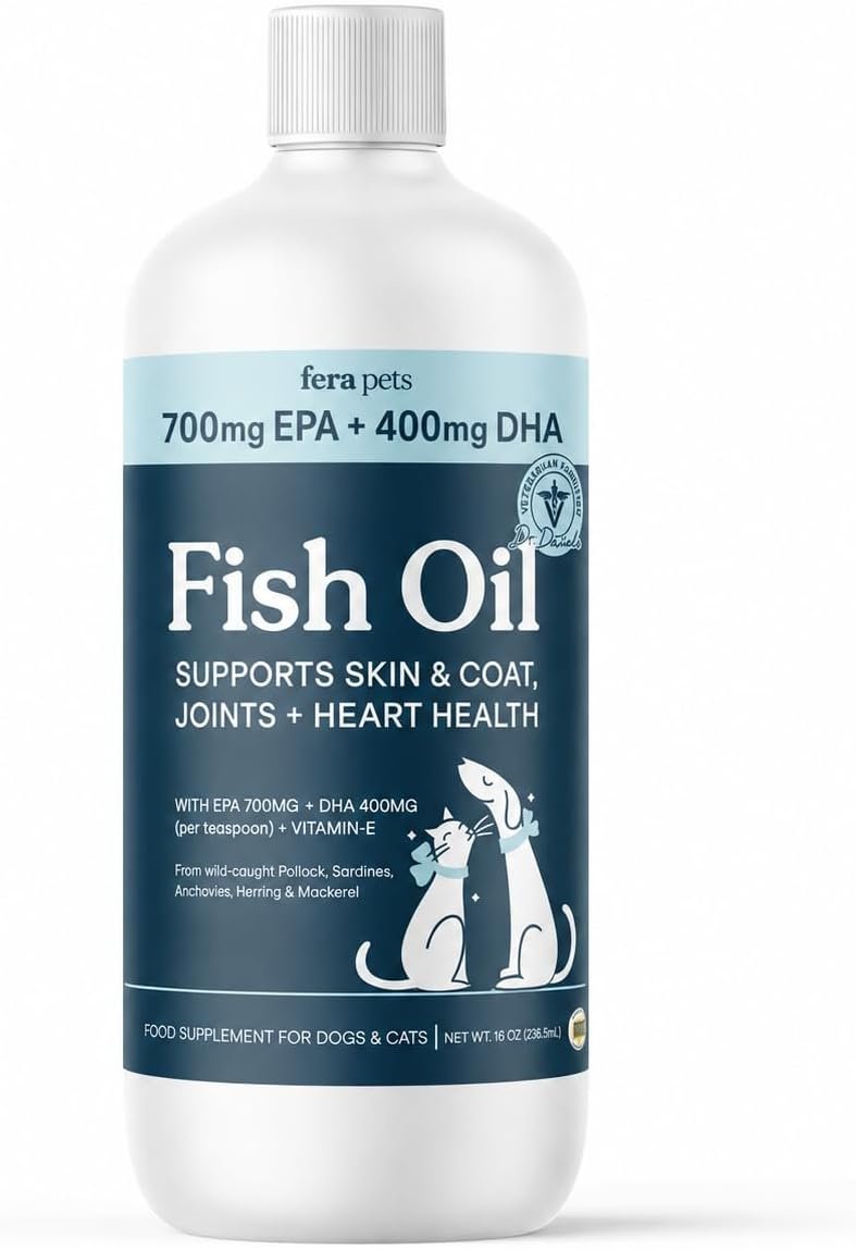 Fera Pets Fish Oil – Omega 3 for Dogs & Cats to Support Joints, Heart, Skin and Coat Health – Non GMO with Vitamin E – 8 oz