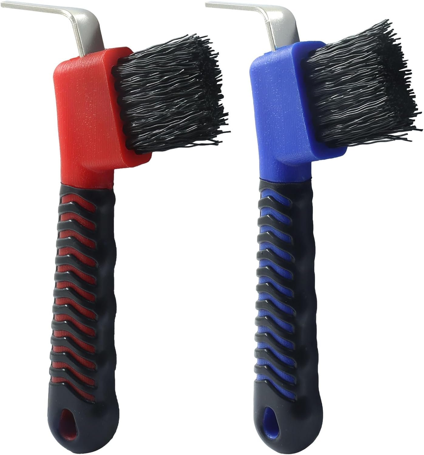Horse Hoof Pick Brush, Soft Touch Rubber Handle Portable Hoof Pick for Horse Grooming, Cleaning (Red+Blue)