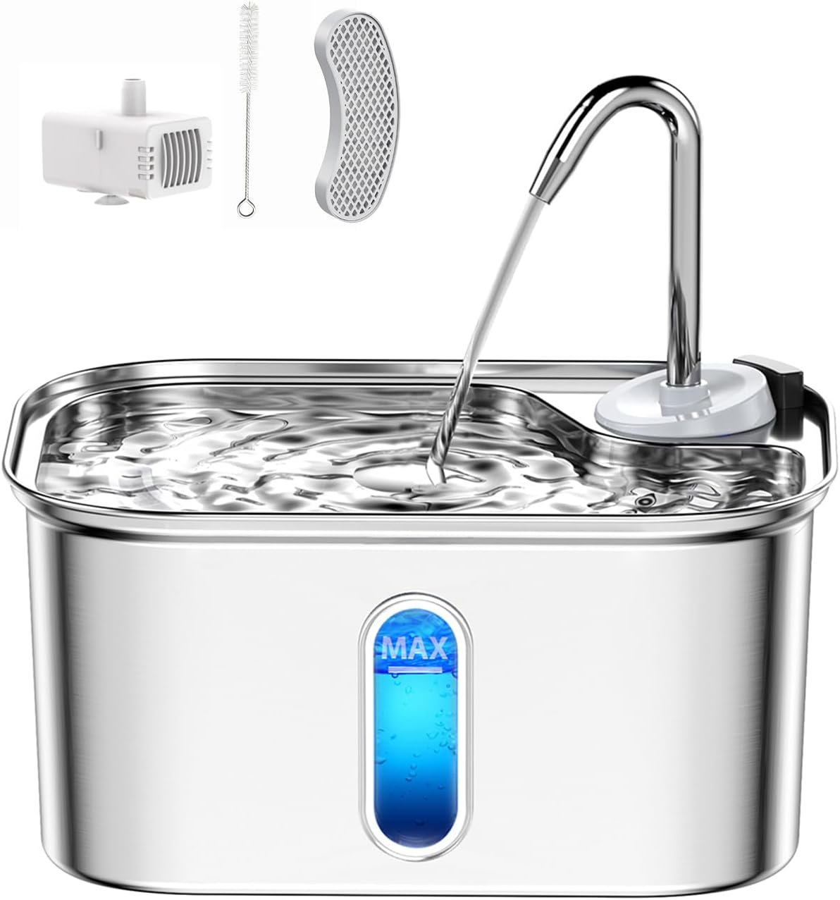 Cat Water Fountain Stainless Steel for Cats Indoor 2.5L 85oz by BPA-Free SUS304, Effective 6-Layer Filter Cat Fountain for Drinking 20dB Ultra Quiet & Soft Flow Metal Pet Water Fountain