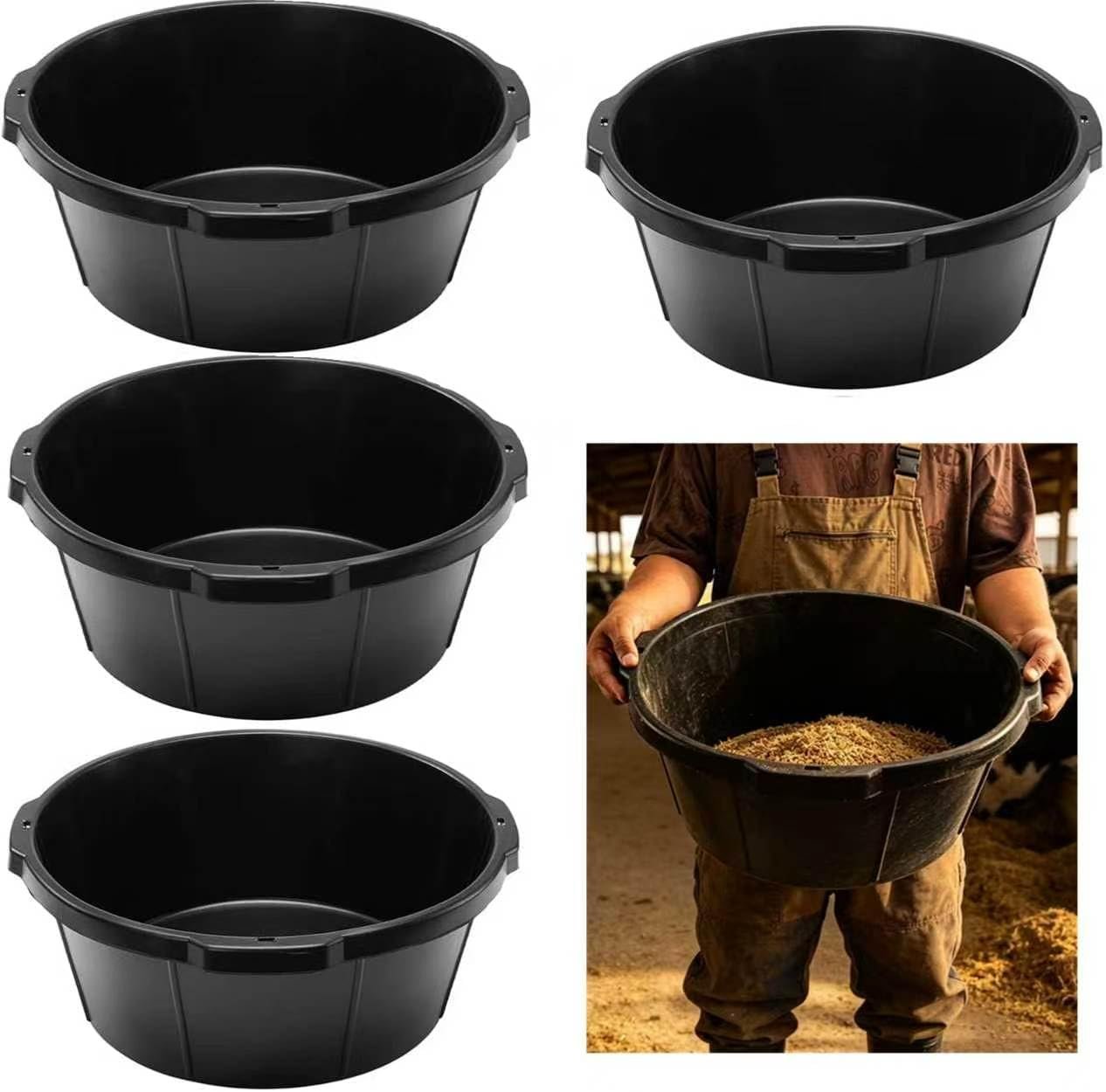 4Pcs Rubber Feed Pan,Heavy Duty 6.5 Gallon/26 Quart Horse Feed Bucket Livestock Feeder Tubs with Handle for Horse,Goat,Pig,Farm Livestock Poultry