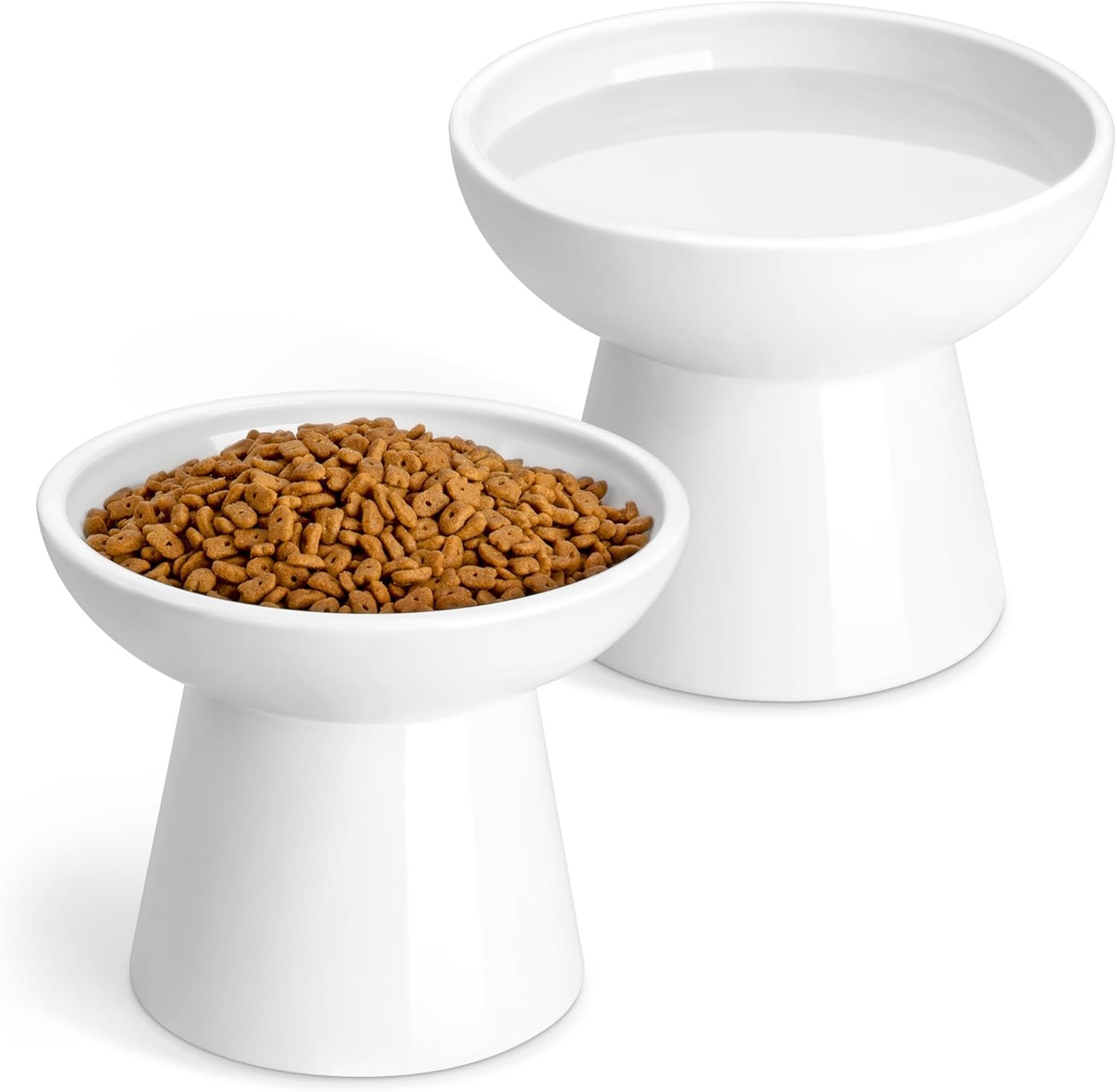 vancasso Extra Wide Elevated Cat Bowls 2-Pack, Shallow Ceramic Raised Cat Food and Water Bowls with 5.1″ Height & 6.2″ Wide – Anti Vomiting, Whisker Friendly for Senior Cats, and Small Dogs (White)