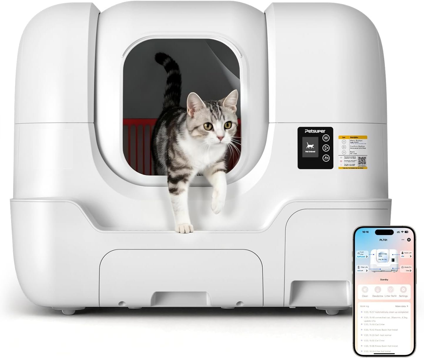 Automatic Cat Litter Box Self-Cleaning, Auto Sand Refilling, Auto Packing & Sealing, Auto Bag Replacement, One-Click Cleaning, Deodorization, APP Control, Radar Weight TOF Safety Sensors for Cats