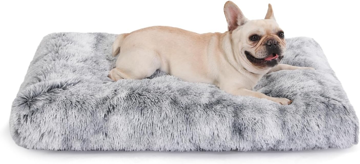 Bedfolks Waterproof Dog Crate Bed, Plush With Removable Washable Cover, Faux Fur Crate Pad for Medium Dogs, Fluffy Kennel 29″x21″, Dark Grey