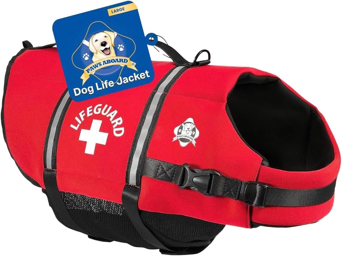 Dog Life Jacket – Swimming Vest for Dogs, Adjustable, Reflective, Comfortable, Multiple Colors, Patterns, XX-Small to Extra Large Dog Swim Vest with Handle (Red, Large)