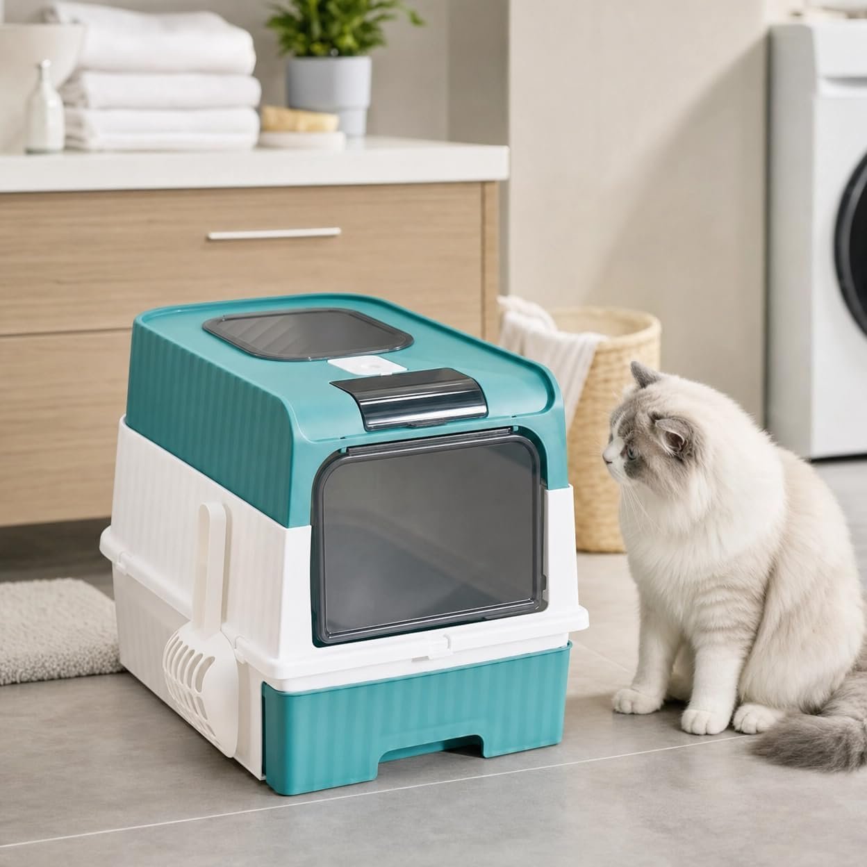 Blue Magic Cube Self-Cleaning Cat Litter Box – Hands-Free Cleaning, Ultra-Quiet, Spacious Design for Multi-Cat Homes