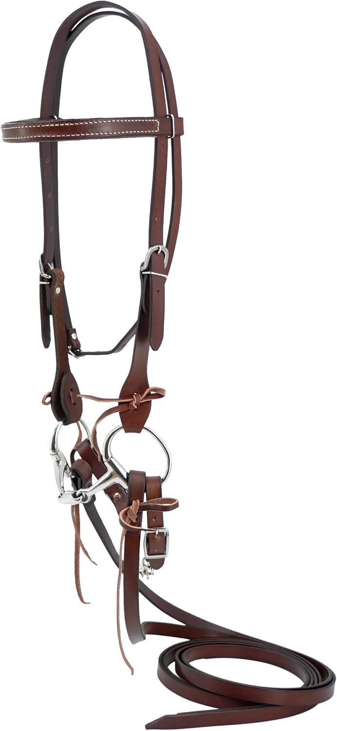 Jeereal Working Tack Browband Bridle with Single Cheek Buckle Includes Stainless Steel 5″ Eggbutt Snaffle Bit,5/8″ x 7′ Leather Split Reins and Leather Single Flat Link Chain Curb Strap