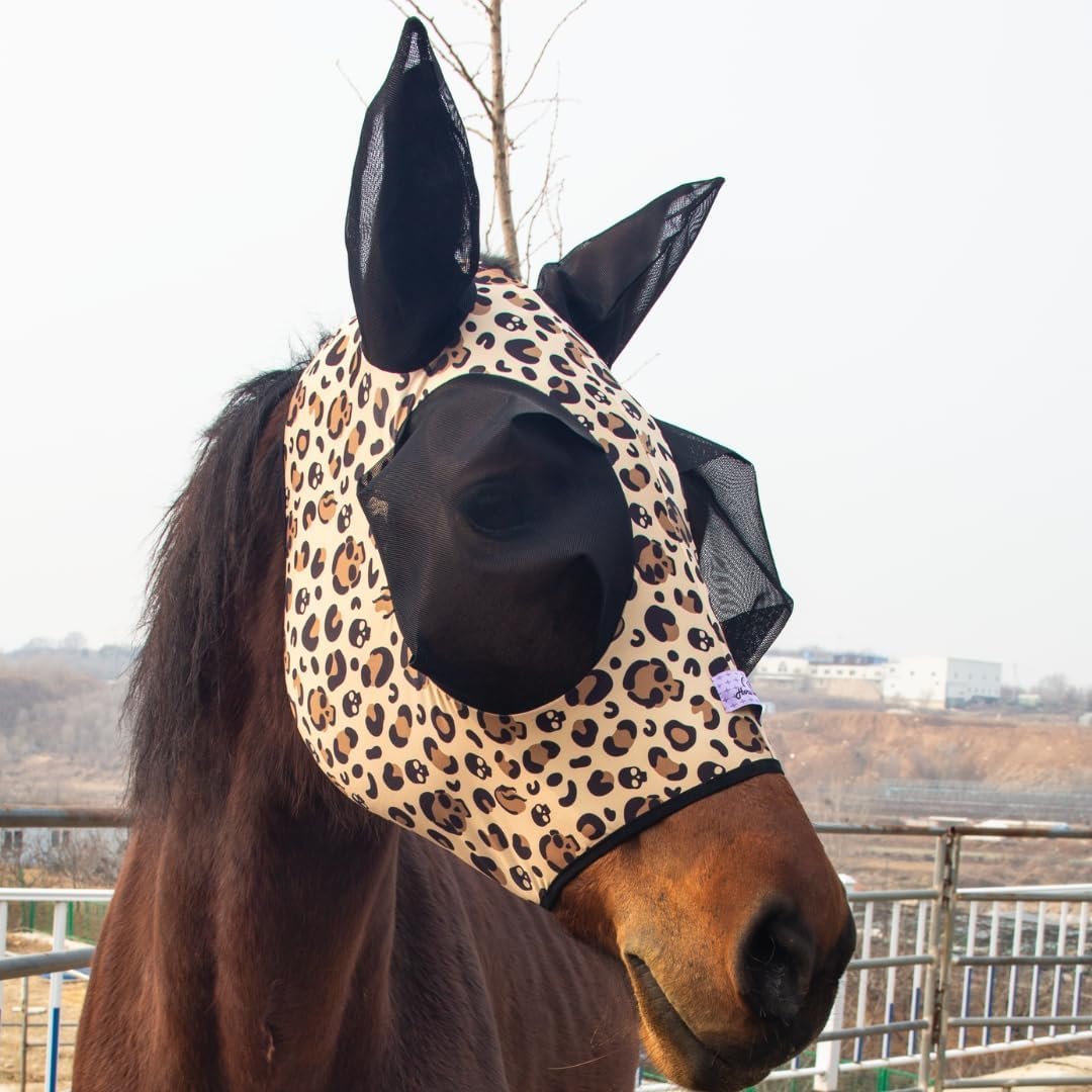 Stretchy Horse Fly Mask with Ears,Extra-Large Eyes & Mane Opening – Soft, Breathable Fly Mask for Horses, Tangle-Free Design, Enhanced Visibility (Leopard Print, Full (Large))