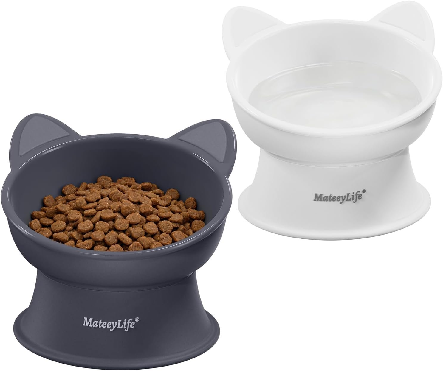 MateeyLife Elevated Cat Bowls, 2P Raised Food and Water Bowl Set for Indoor Cats & Small Dogs, Whisker Fatigue Cat Bowl, Anti Vomit Feeding Pet Bowls, 6 oz Each, Dishwasher Safe – White & Grey