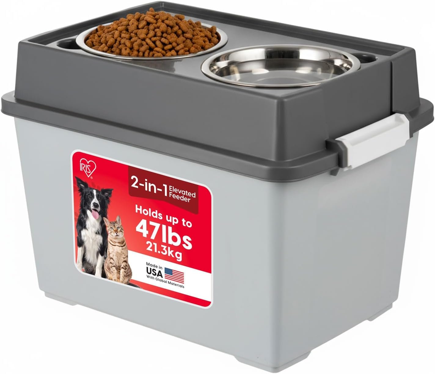 IRIS USA Dog Bowls Elevated with Storage, 15″ H Raised Feeding Station, Dog Bowl Stand with Airtight Food Storage Holds 47 lbs, 2 Removable 64 oz Stainless Steel Bowls for Large Dogs, Gray/Dark Gray