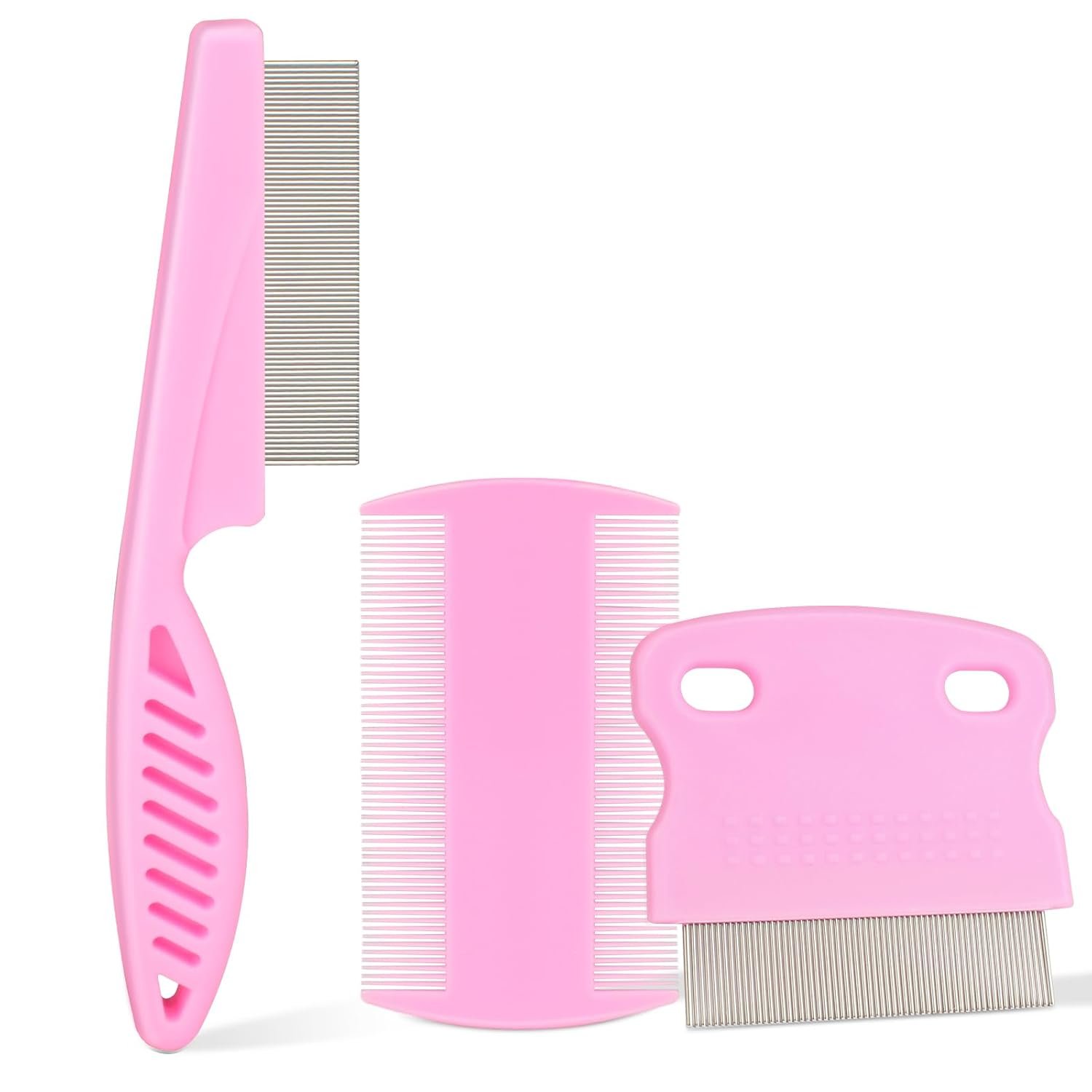 Flea Comb for Dogs and Cats – Lice Comb with Rubber Handle – Promotes Hair Growth and Removes Loose Hair, Knots, and Flakes Flea Brush for Pets(3P,PINK)