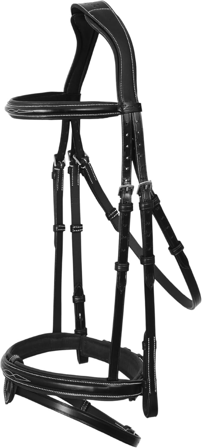 Anatomical Snaffle Jumping Bridle for Horses with Removable Flash Noseband & Rubber Reins – Premium Vegetable-Tanned Leather, SS Buckles, Padded MonoCrown, Designer Stitching