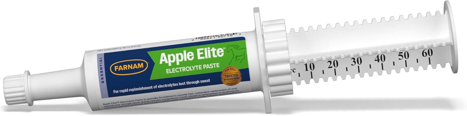 Farnam Apple Elite Electrolyte Paste Supplement for Horses, 60 cc Syringe, Replaces Vital Minerals, Hydration Electrolytes for Horses, No Added Sugar, Digestion Support, Muscle Function & Recovery