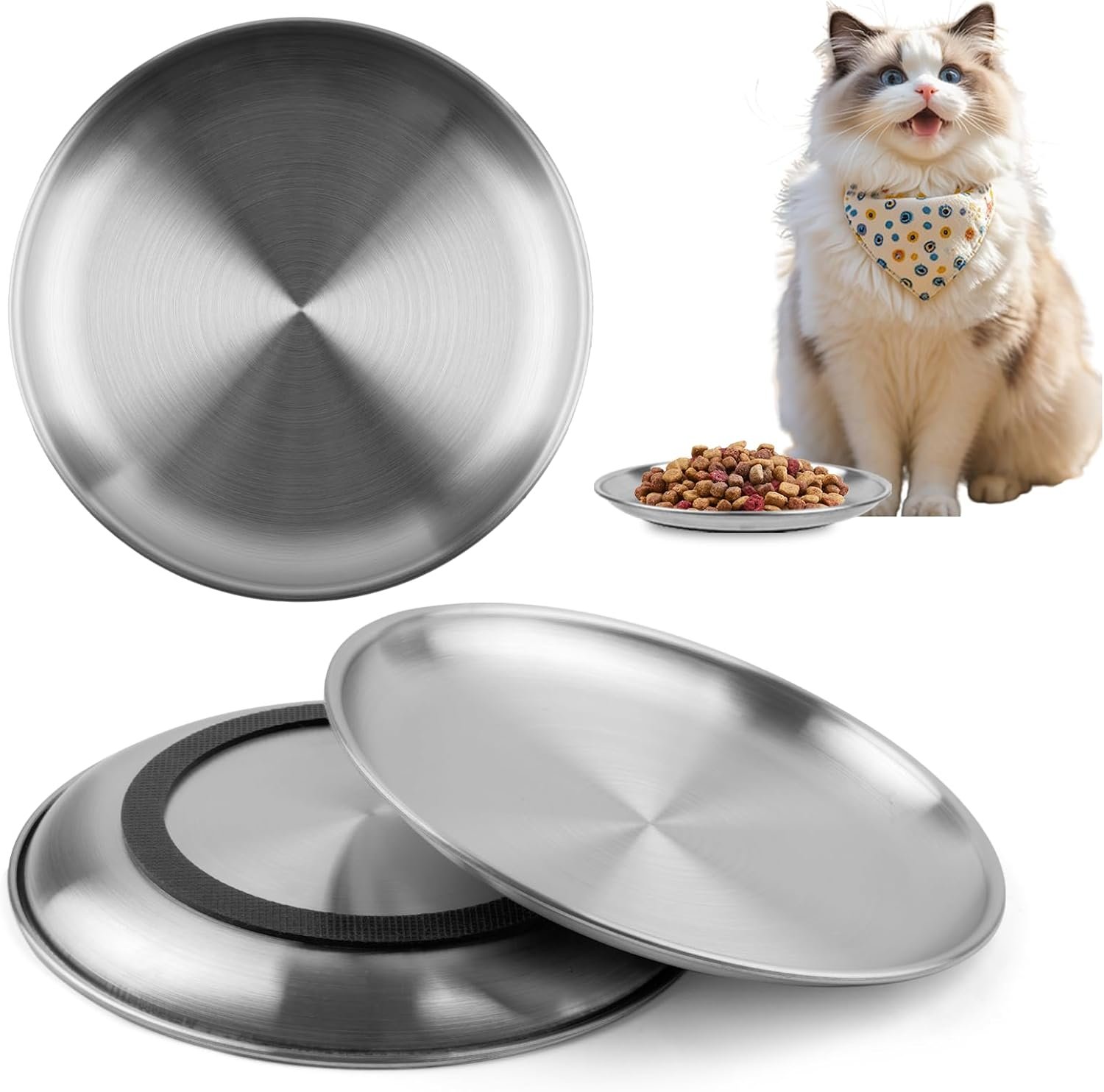3 PCS Stainless Steel Cat Food Bowl Dish, 6.7″ Shallow Flat Wide Cat Plates for Wet Food, Relief Whisker Fatigue, Removable Non-Slip Silicone Base, Replacement for Feeding Small Pet Kitten
