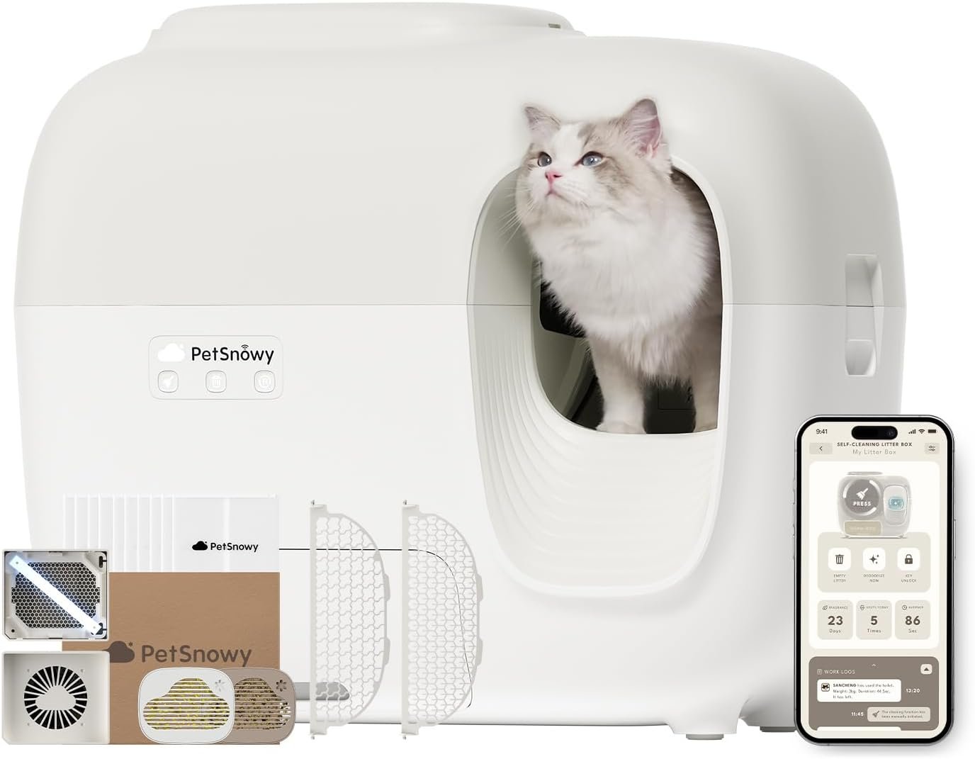 PetSnowy Self-Cleaning Automatic Cat Litter Box with Odor Control TiO2 System, Robot Litter Box with Auto-Packing, App Control, Large Cats & Multiple Cats (2026 Premium Version)