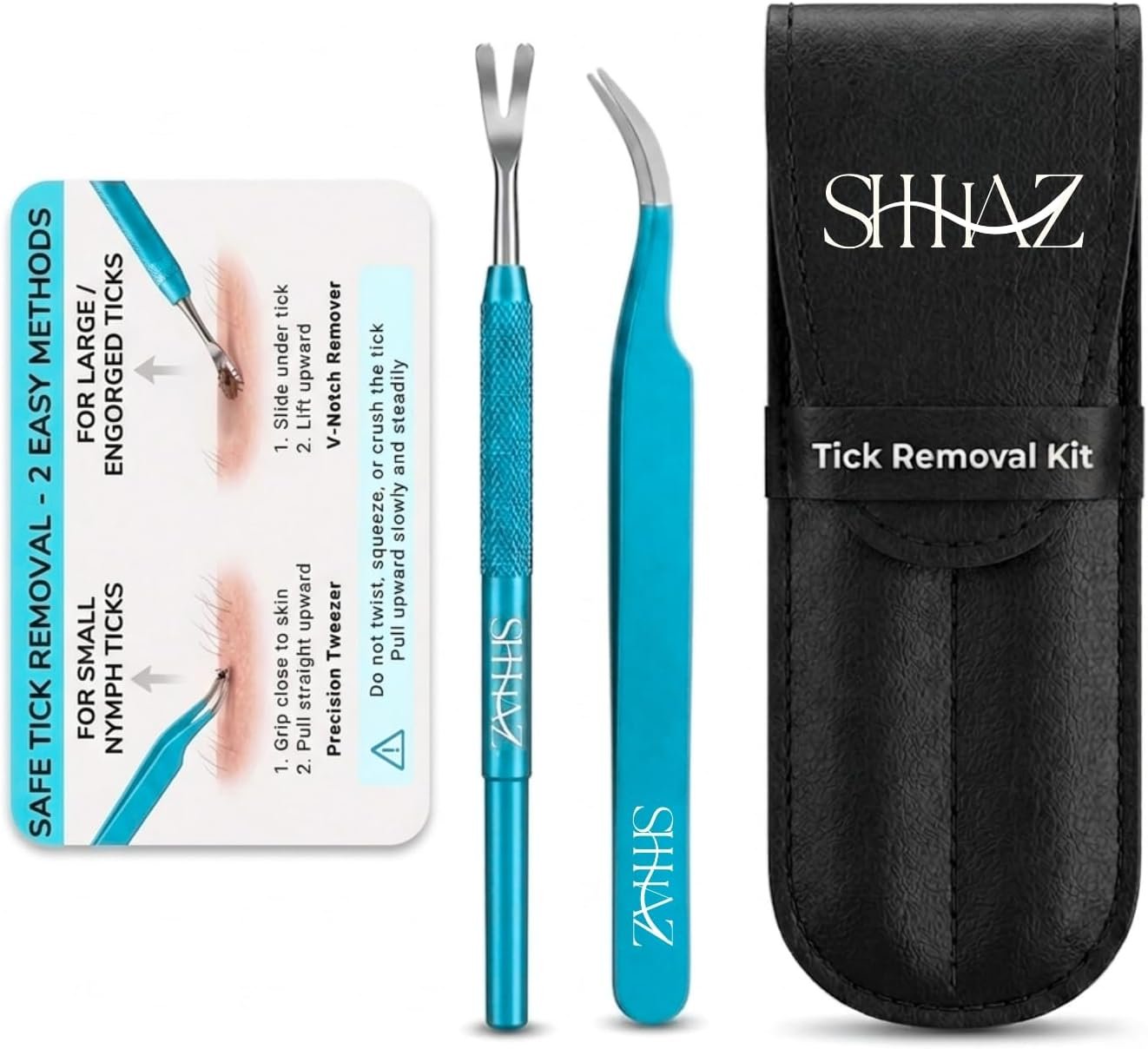 Professional Tick Removal Tool Kit – Stainless Steel Tick Tweezers & V-Notch Remover, Tick Remover for Dogs & Humans with Protective Leather Case & Tick Identification Card