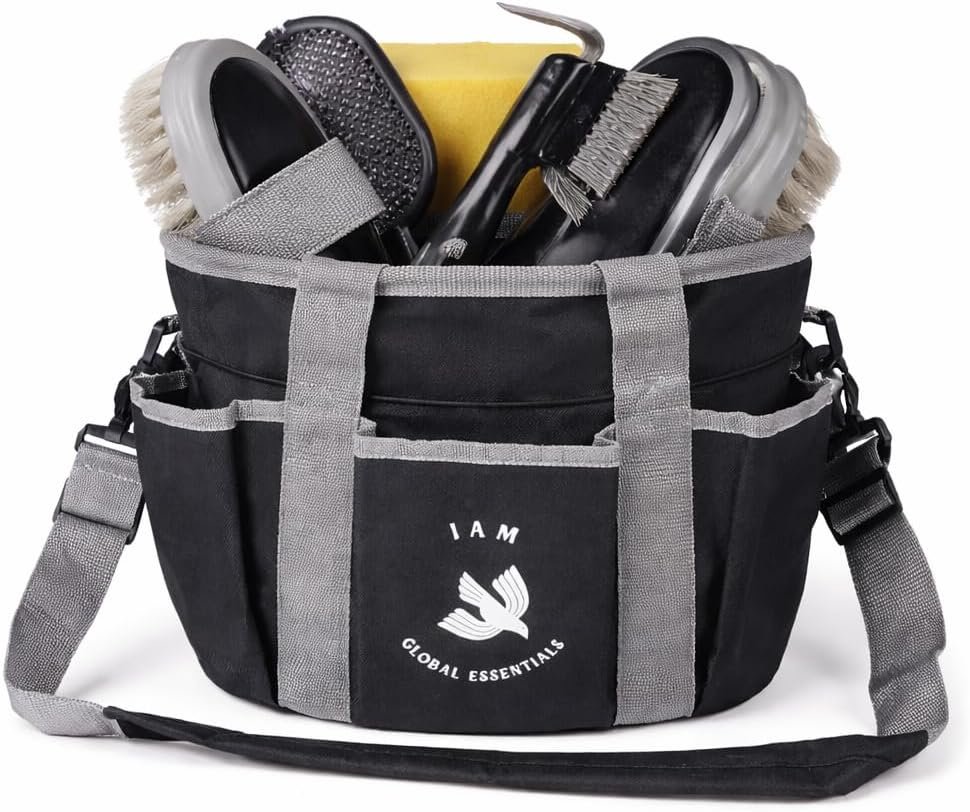 Premium Grooming Kit (9 Piece) – Organizer Tote Bag with Brushes for Tack Room – Nylon & Plastic Brushes for Horses – Perfect for Beginners or Professionals