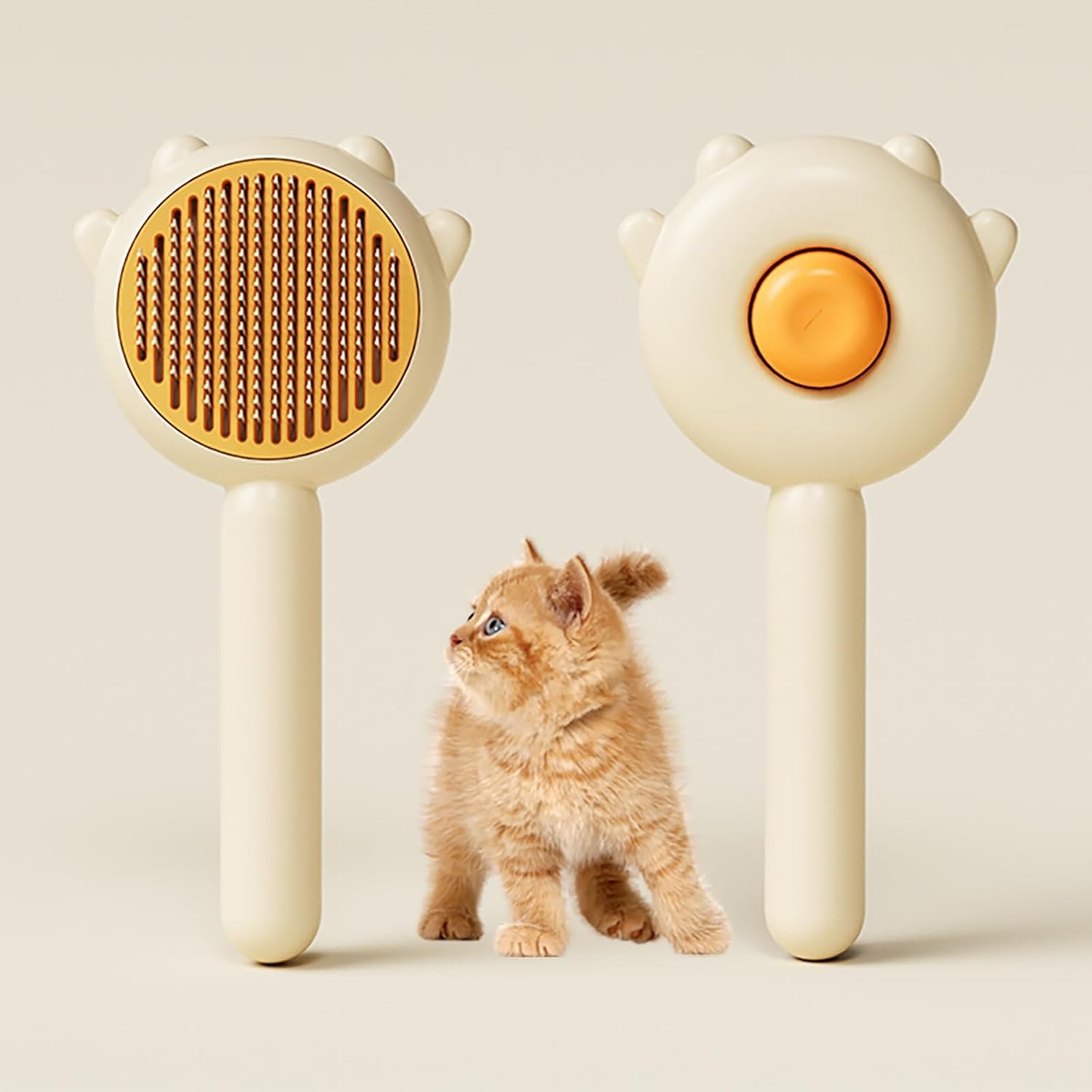 Cat Brush for Shedding, Self-Cleaning Hair Brush with Release Button for Indoor Cats, Soft Silicone Grooming Comb for Long and Short Haired Cats, Cute & Effective Pet Hair Remover Tool, Yellow
