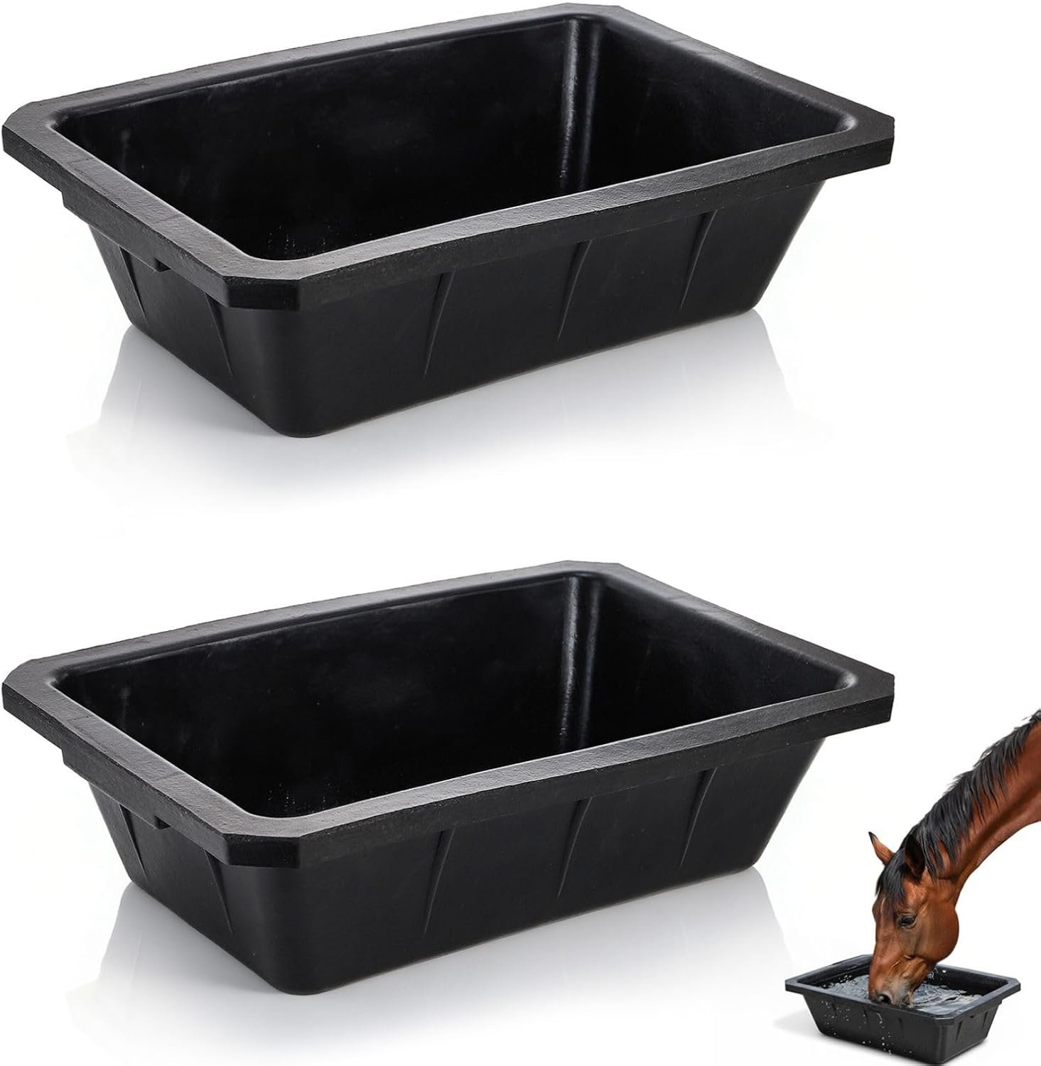 Cididu 2 Pack Rubber Feeder Pan, 10 Quart Large Horse Trough Feeder Bucket, Heavy Duty 2.5 Gallon Chicken Dust Bath Tub Water Bowl for Pig Goat Dog Cat Farm Livestock Animal Feeding, Rectangular