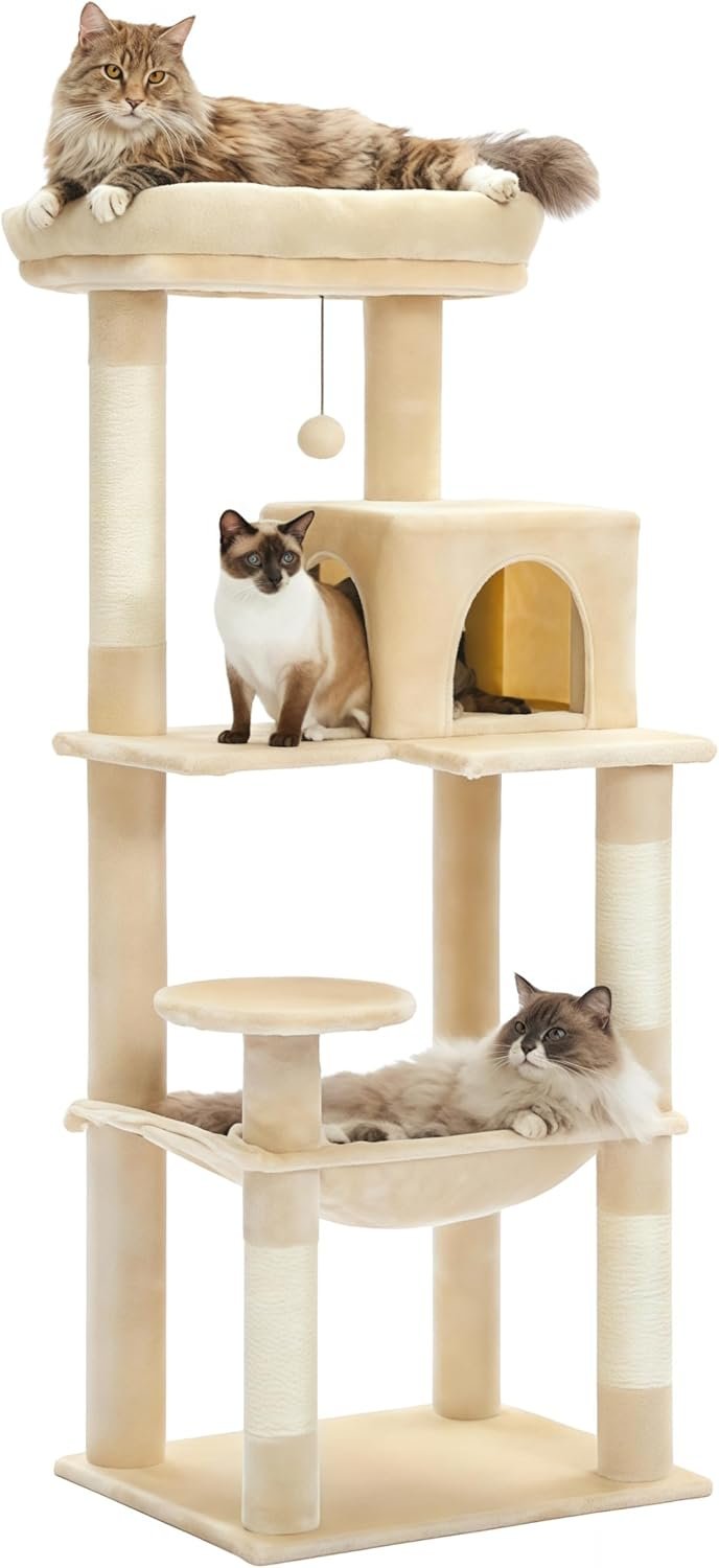 MUTTROS Cat Tree for Large Cats Adult with Metal Plush Big Hammock, 56.3″ Cat Tower with 2 Door Condo House, 6-Tier Cat Shelves with Scratching Posts and Large Top Perch, Beige