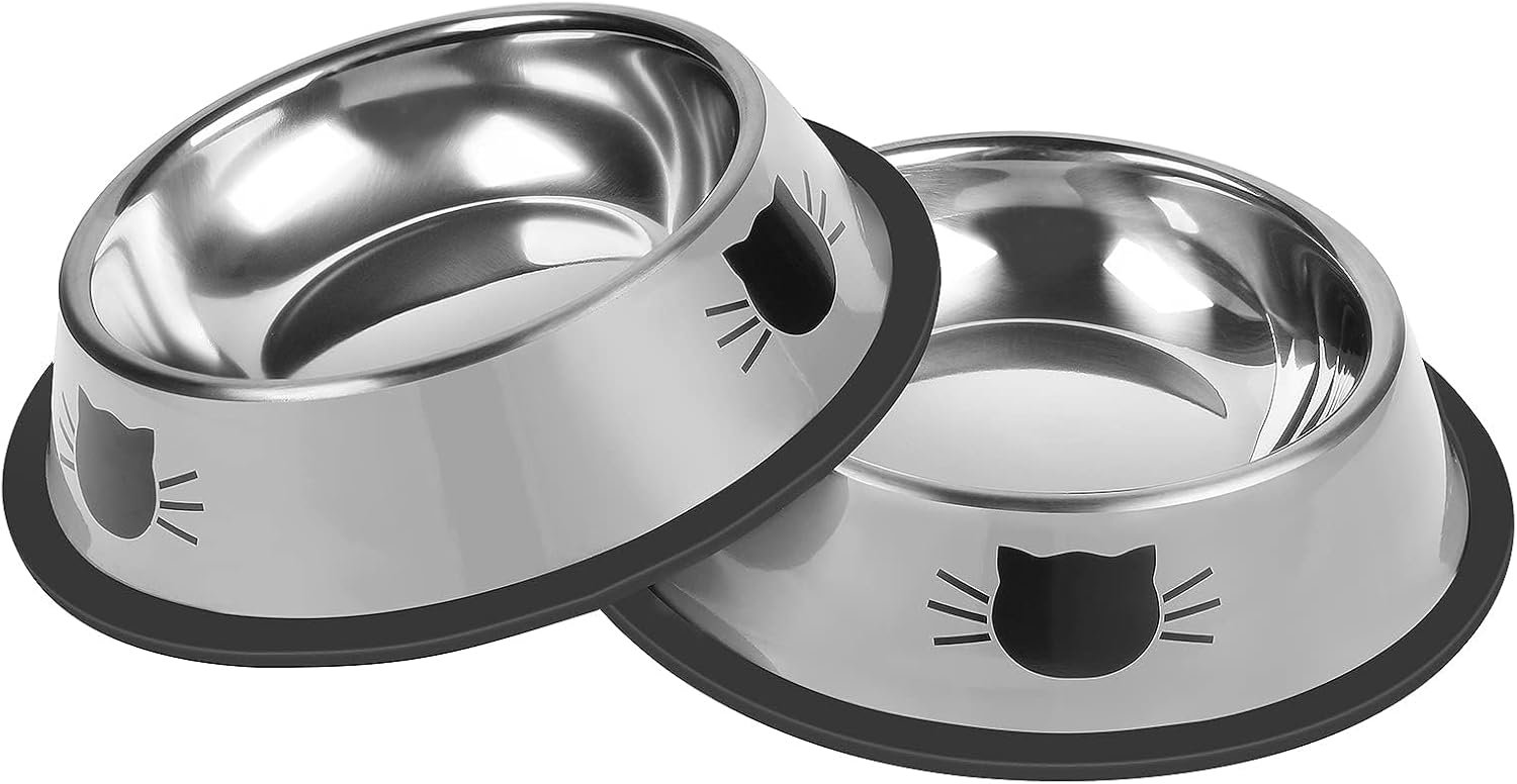 Serentive 2 Pcs Non-Slip Stainless Steel Small Cat Food Bowls – Unbreakable, Thicken 7 Oz Cat Dishes – Indoor, Removable Rubber Base, Easily Clean, Lovely Color