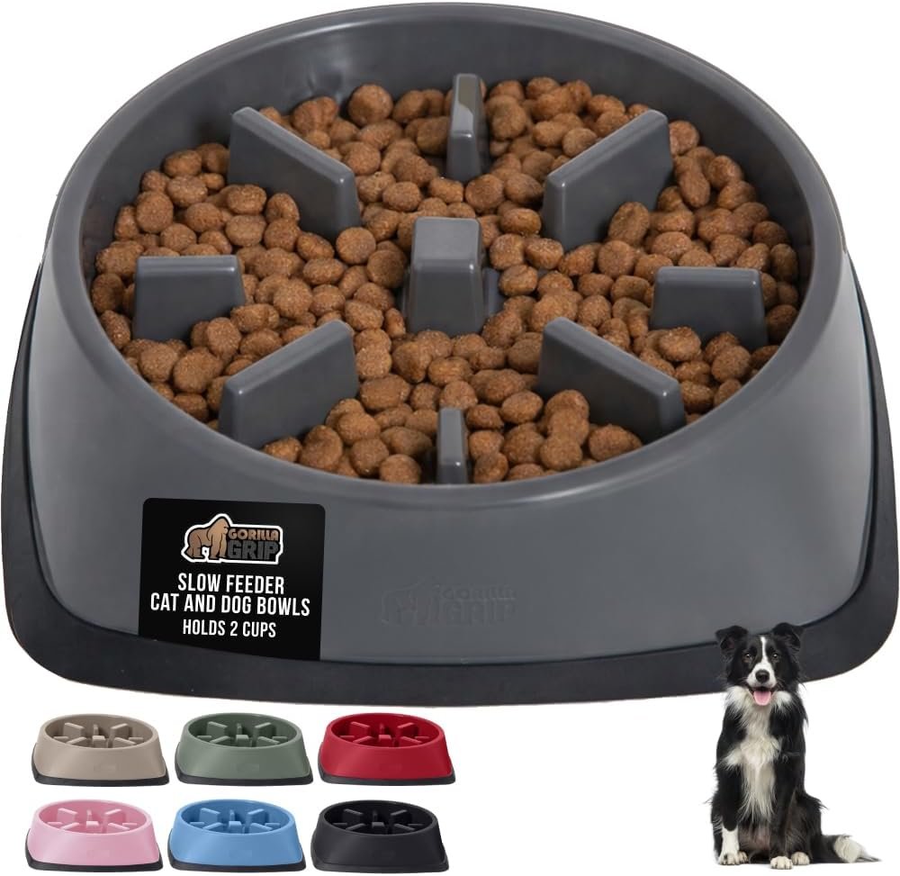 GORILLA GRIP® Patented BPA Free Slow Feeder Dog Bowls, Interactive Puzzle Toy for Dogs and Cats Food Training Enrichment, Keeps Pets Busy and Prevents Puppy Overeating, All Breeds, 2 Cup, Gray