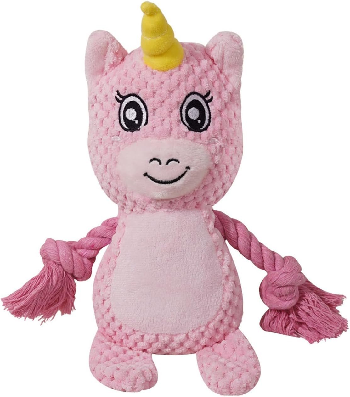 Cute Animals Interactive Squeaky Dog Toy with a Vocal Bladder, Crinkle Paper Stuffed Soft Cotton Chew Toy, Teething Rope Tug of War Pull Toy to Keep Them Busy for Puppy, Small Dogs – Pink Horse