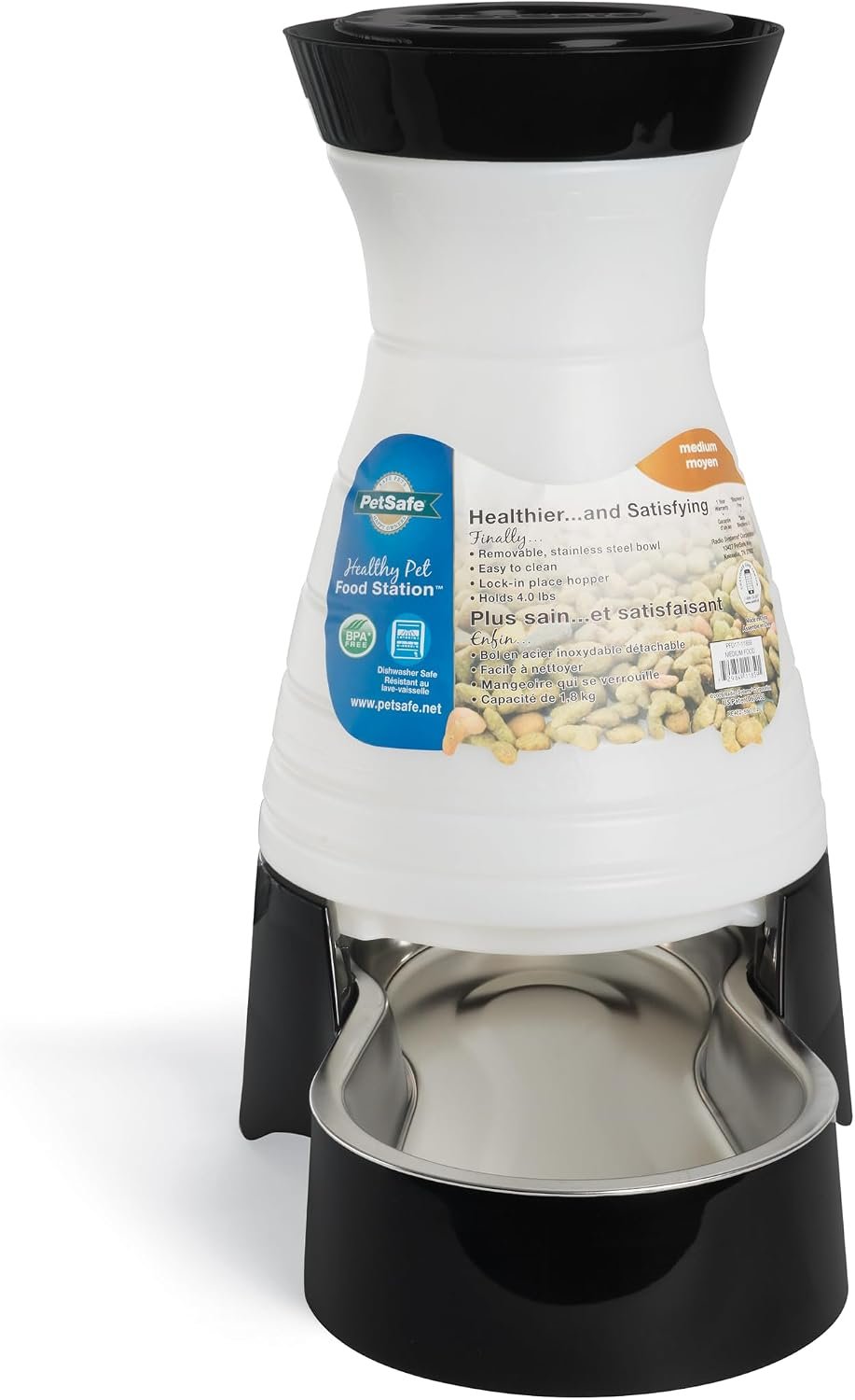 PetSafe Healthy Pet Food Station – Medium, 4 lb Kibble Capacity – Gravity Pet Feeder Dry Food Dispenser, Automatic Cat Feeder, Small to Medium Dog Feeder – Removable Stainless Steel Bowl Included