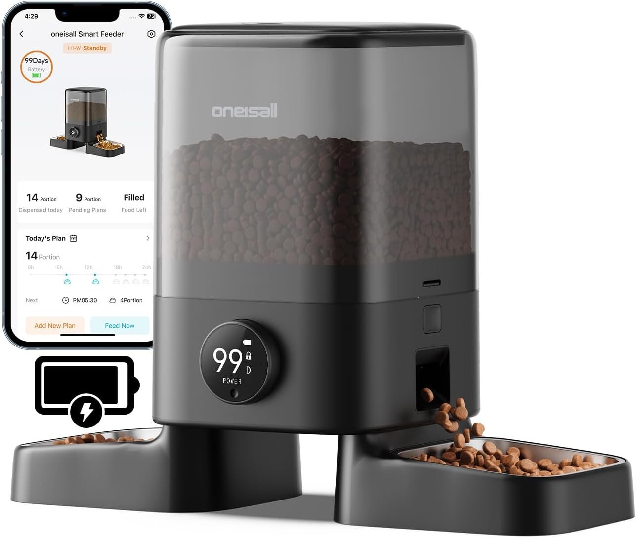 oneisall Cordless 2.4Ghz WiFi Automatic Cat Feeder for 2 Cats, Rechargeable 100-Day Battery Operated Auto Cat Feeder, 20 Cups/5L Timed Cats Food Dispenser Automatic for Large Kibble, Smart App Control
