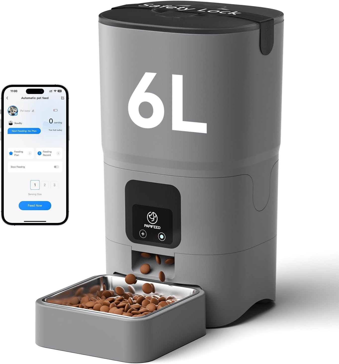 PAPIFEED Automatic Cat Feeder with App, 2.4G WiFi Cat Food Dispenser, 6L Timed Cat Feeders for Dry Food, 10 Meals/Day, 12 Portions/Meal, Dual Power Supply Smart Pet Feeder for Small Dog, Grey