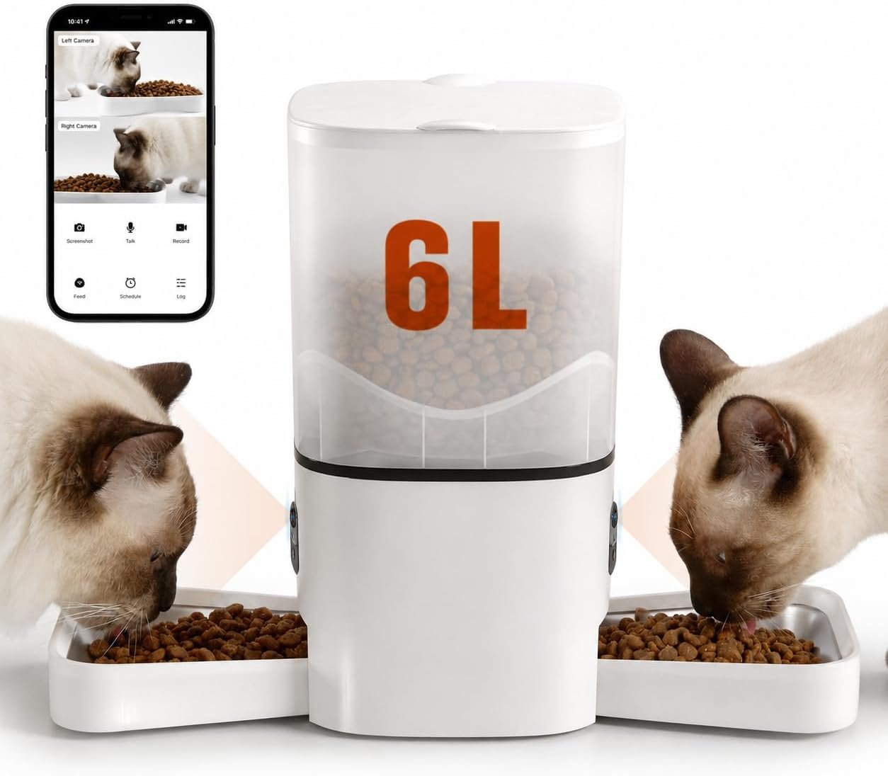 Automatic Cat Feeder with Dual HD Cameras for 2 Cats, Smart WiFi Pet Feeder with APP Control, Timed Feeding & Portion Control, 2-Way Audio, Night Vision, 5GHz/2.4GHz WiFi, 6L