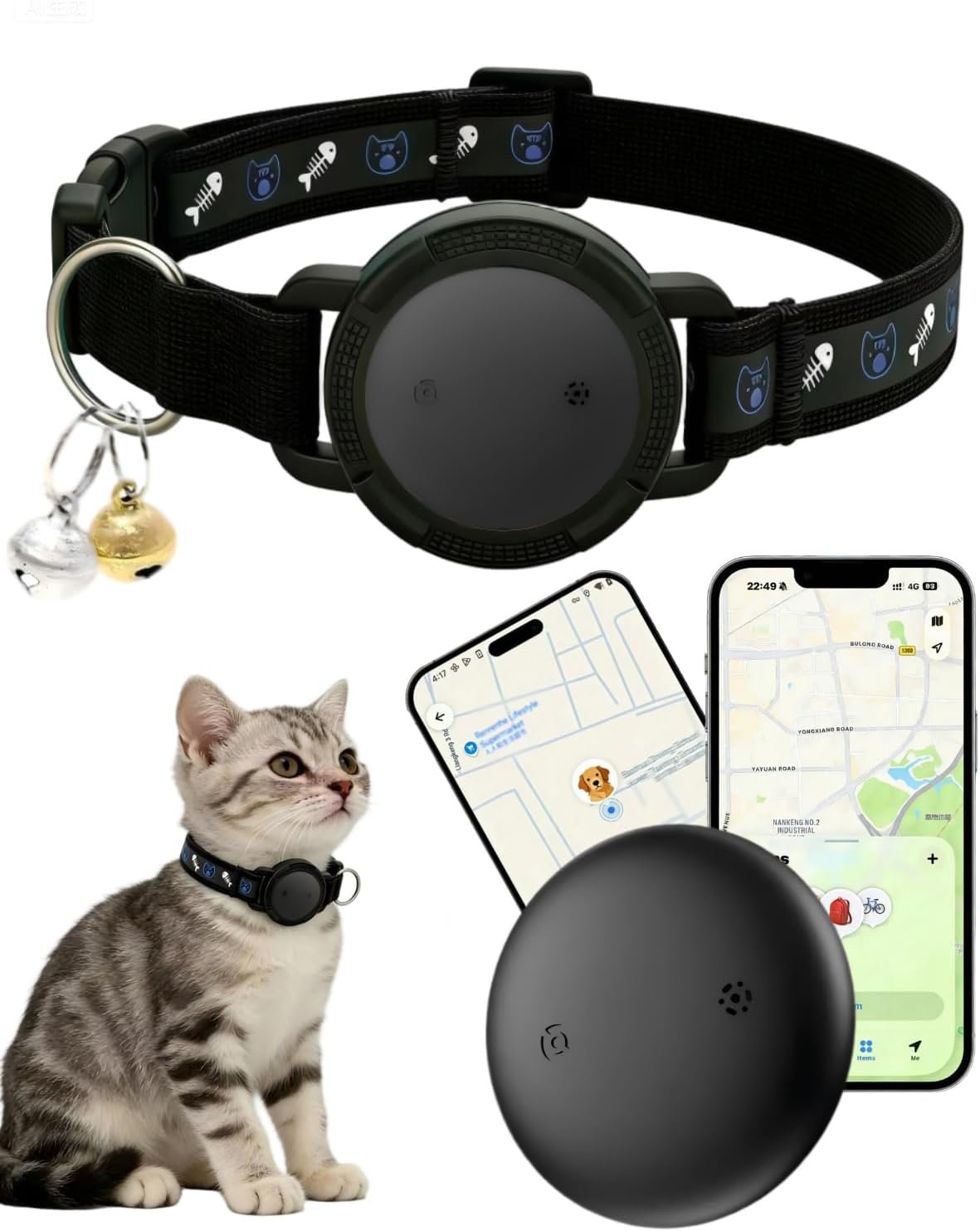 GPS Cat Tracker Collar (Android & iOS) – Bluetooth Dogs GPS Tracker Smart Pet Activity Tracker, No Subscription, Works with Apple Find My App & Google Find Hub, Anti-Lost for Pet Items Keys Black