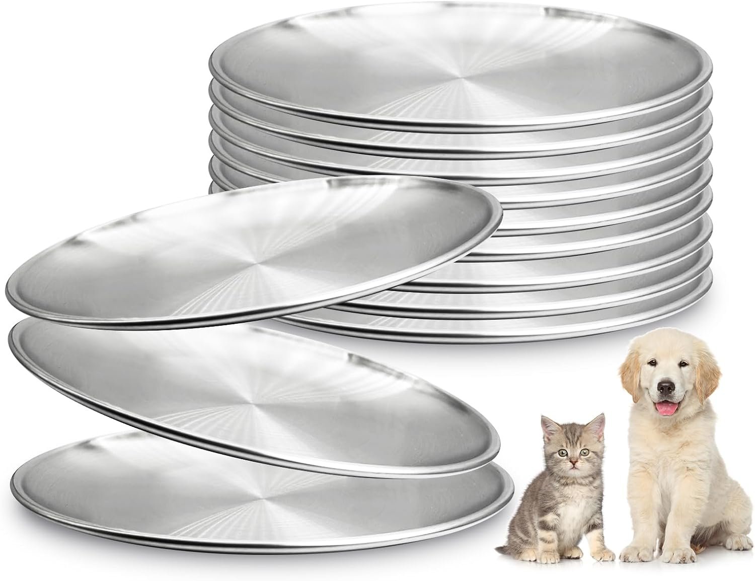 Fhiny 12-Piece Stainless Steel Cat Dish Set, 5.5″ Wide, Shallow Kitten Feeding Plate, Basic Small Pet Bowl, Metal Flat Dish for Stray Cats & Dogs
