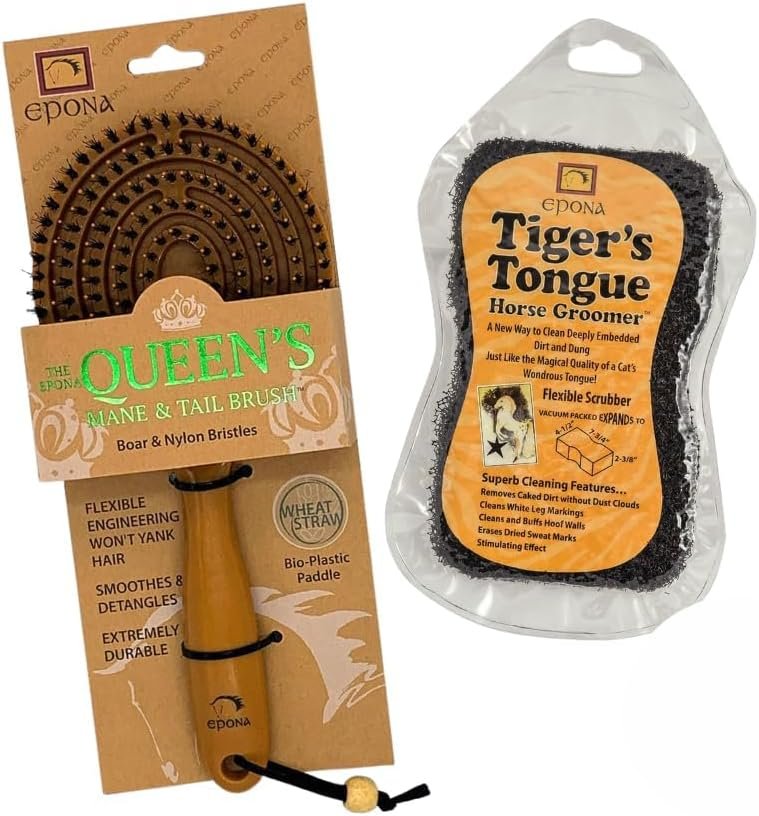 Epona Tigers Tongue Horse Groomer & The Queens Brush Set – Grooming Scrubber Sponge & Hair Brush for Removing Dirt & Dander on Horse’s Mane & Tail – for Equestrians and Horse Owners, with E-Book