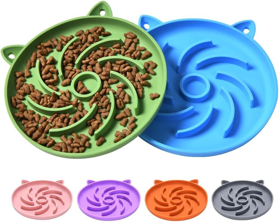 2Pcs Silicone Slow Feeder Cat Bowl,Puzzle Feeder,Interactive Toys,Slow Feeding cat Bowl Suitable for All Dry and Wet Foods,Easy to Clean Silicone Bowls(Blue and Green)