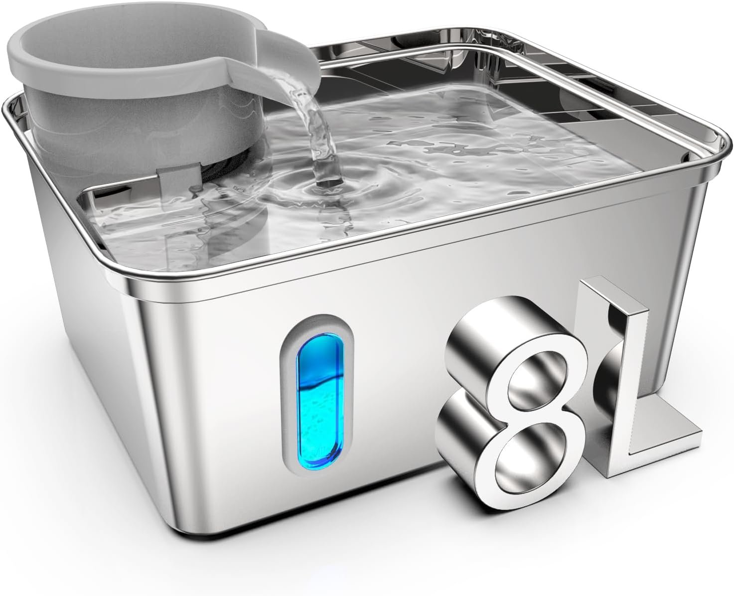 Dog Water Fountain, 8L/2.1Gallon/270oz Dog Fountain Water Bowl – Stainless Steel Ultra-Quiet Pet Water Dispenser with Water Level Window & Large Drinking Area