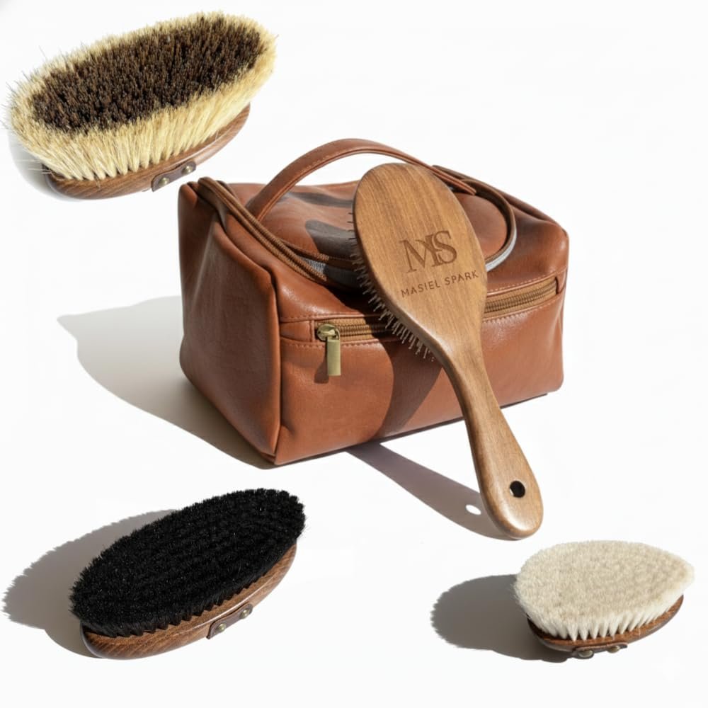 Premium Horse Brushes Set (4 Pieces) – Essential Equine Care Set with Beechwood Brushes, Natural Bristles, and Handcrafted Leather Bag – Luxury Gift for Horse Riders and Owners