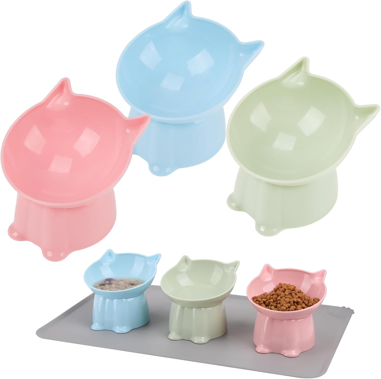 3 Pcs Elevated Cat Bowls 15°Raised Cat Food Bowl with Silicone Mat Whisker Friendly Anti Vomiting Cats Dishes Pet Food and Water Bowls for Indoor Cats Kittens