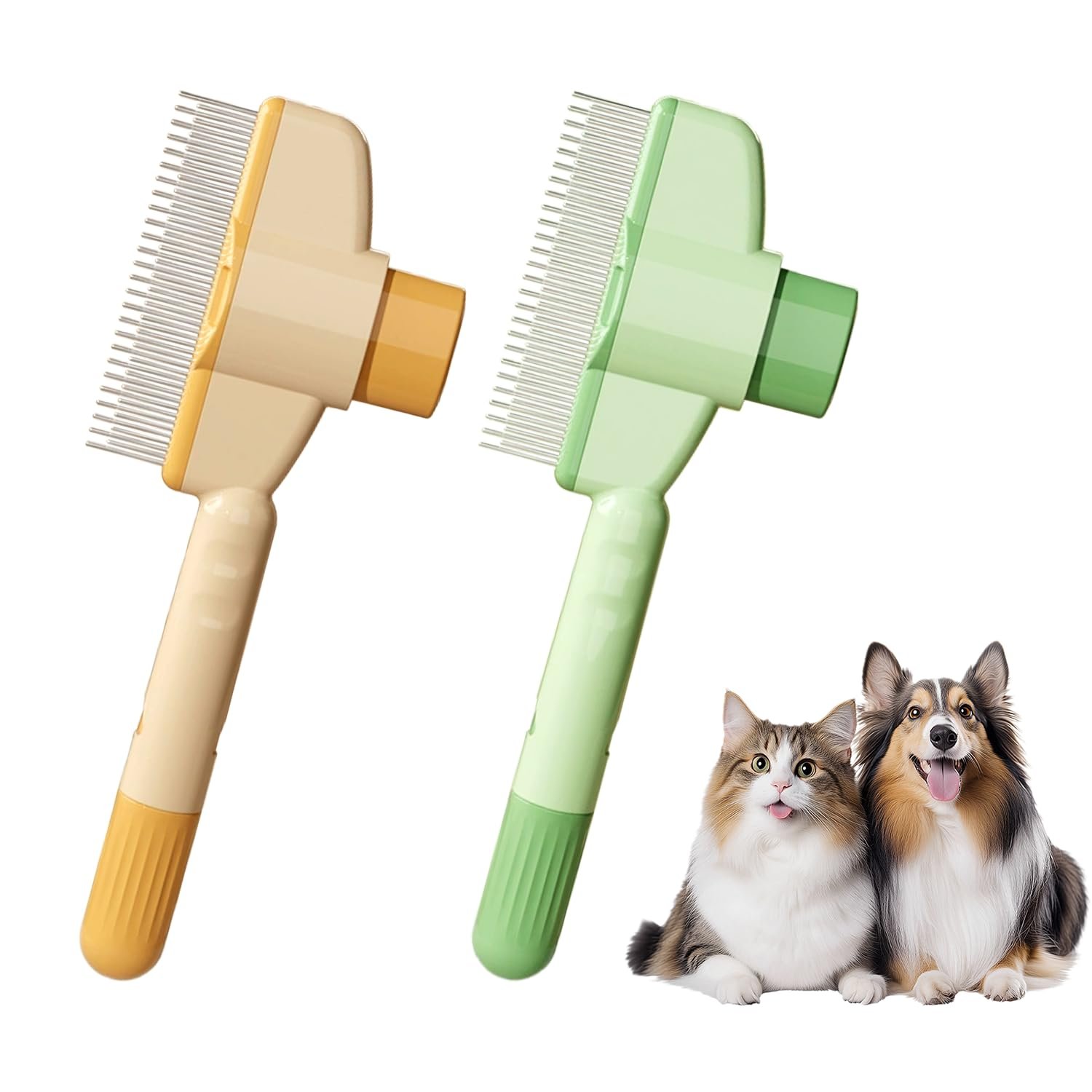 2-Pack Pet Hair Removal Comb & Flea Comb with Release Button for Cats & Dogs – Grooming Brush for Short/Long Hair Green & Yellow