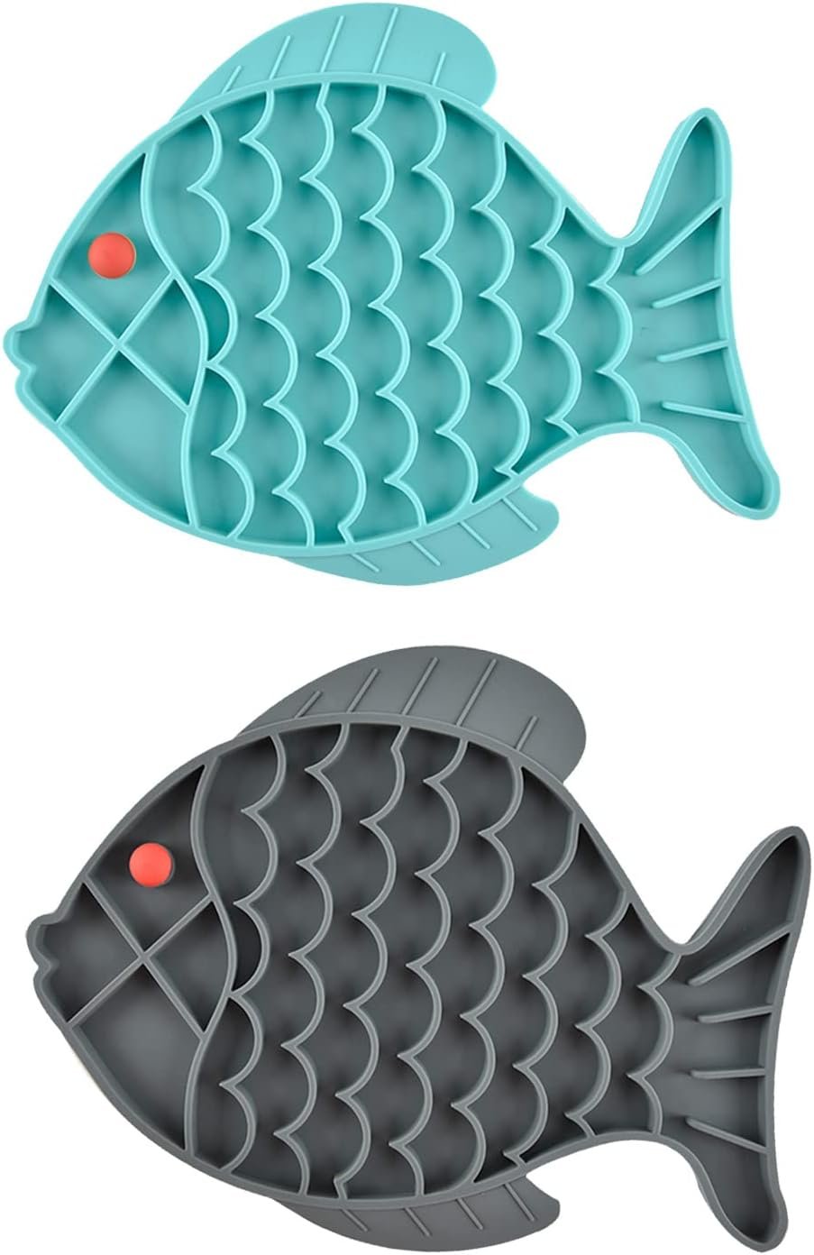 Slow Feeder Cat Bowls, 2 Pack Fish-Shaped Silicone Puzzle Feeders for Healthy Eating & Anxiety Relief – Lick Treat Mat for Dogs & Cats (Blue+Grey)